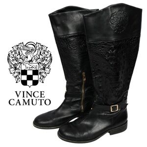 Vince Camuto Black Leather Embossed Knee High Riding Boots Gold Zip Buckle - 10